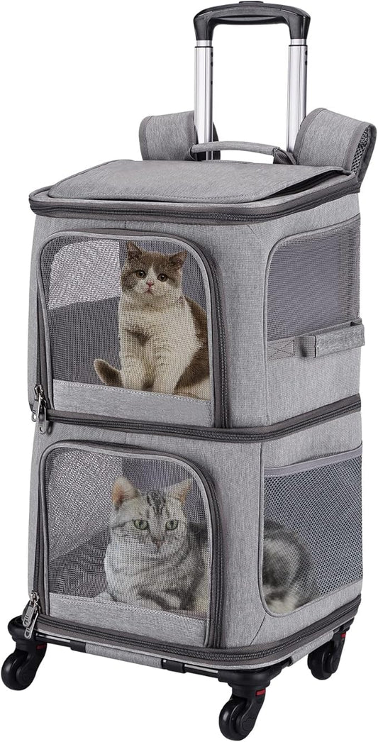 Double Pet Carrier Backpack with Wheels for Small Cats and Dogs, Rolling Cat Travel Carrier, Super Ventilated Design, Ideal for Traveling/Hiking/Camping, Grey