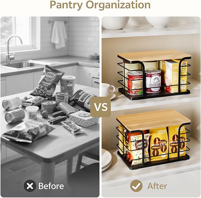 Stackable Potato & Onion Bins with Bamboo Top, 2 Pack – Black
