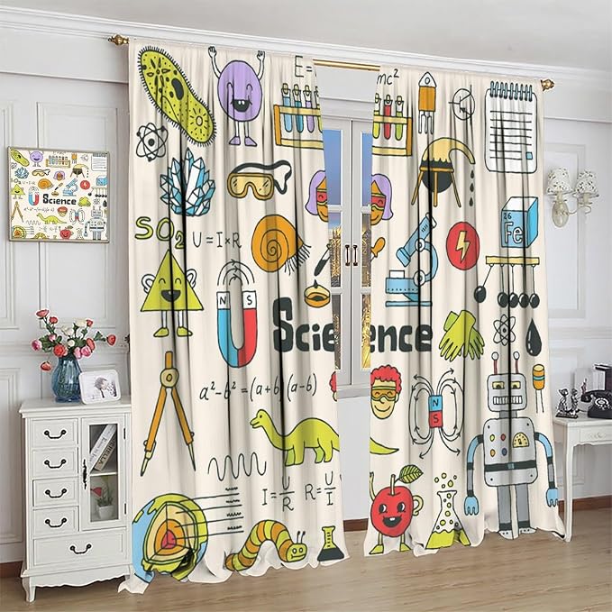 Cartoon Science Bedroom Curtains, Chemistry Science Pharmacy Research Blackout Rod Pocket Window Drapes for Childs Girls Boys Bedroom Living Room Home Set 2 Panels,63x72 Inches