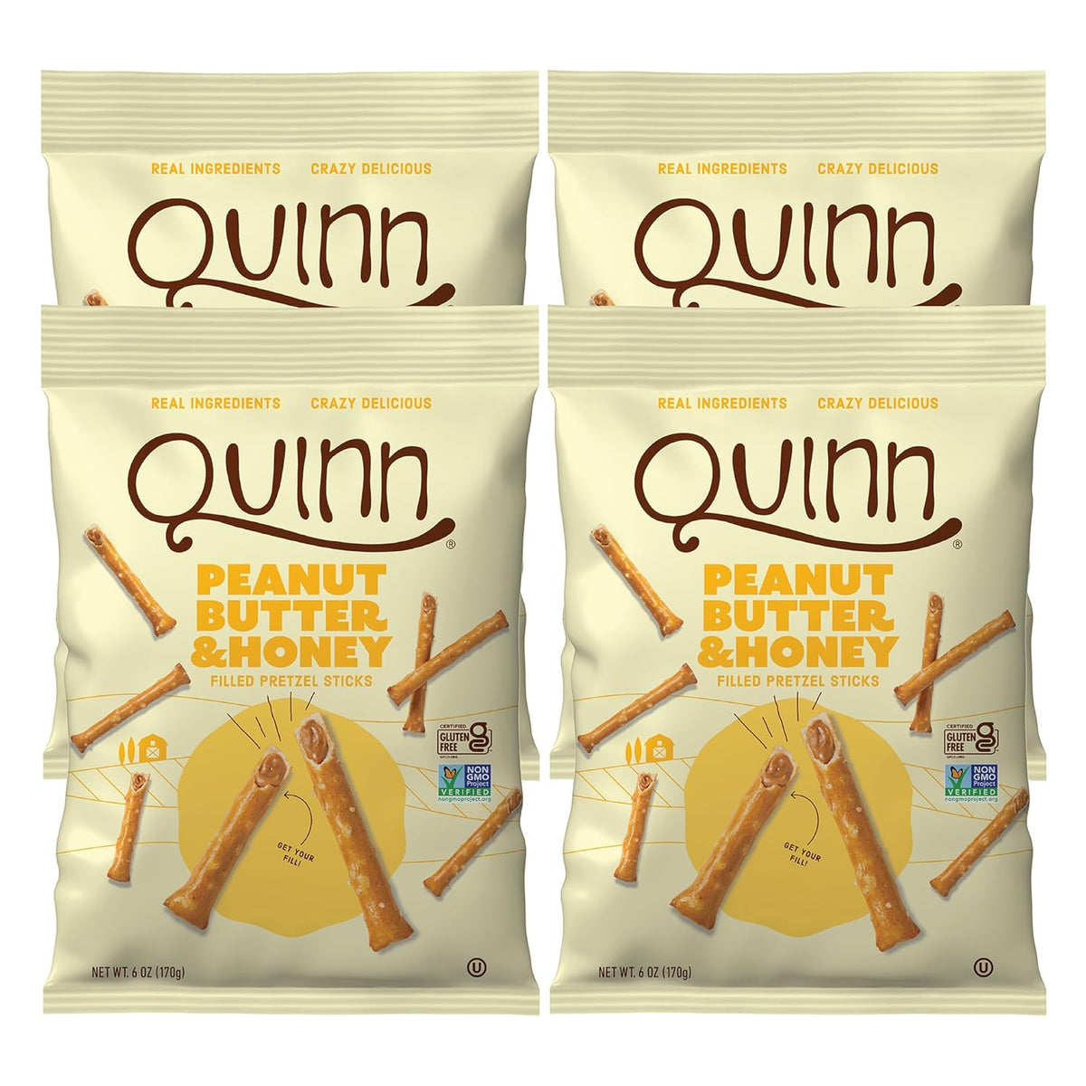 Quinn Snacks Peanut Butter & Honey Filled Pretzel Sticks - Gluten Free Snack, Sweet & Salty, Made with Real Natural Ingredients, Peanuts, Sorghum, & Root Vegetables, Dairy Free - 6 oz (Pack of 1)