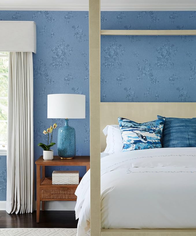 Erfoni 197"x17.7" Grey Blue Peel and Stick Wallpaper Thicken Floral Embossed