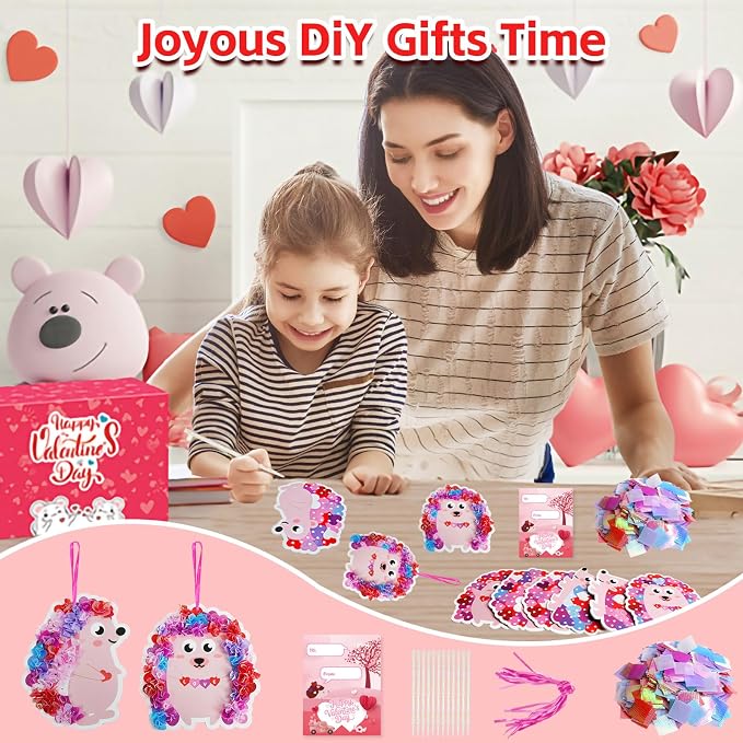 Fennoral 24 Pack Valentine's Day Craft Kits for Kids Make You Own Hedgehog Heart Poke in Art and Craft with Card DIY for Valentines Day Gift for Kids Classroom Activities Party Decoration
