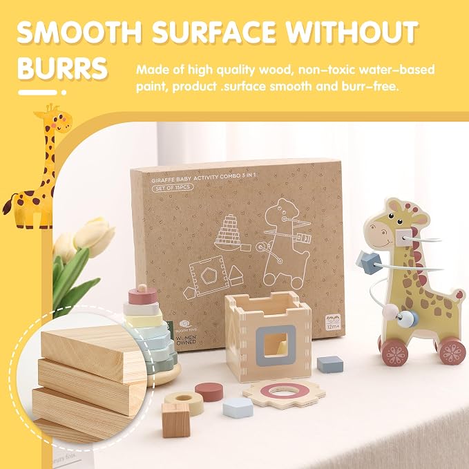 FReniland Montessori Toys for 1 Year Old，3-in-1 Wooden Baby Toys，Wooden Stacking Toy，Toddler Shape Sorting Cube, Giraffe Ring Toy,Newborn Baby Gift Sets for Boys and Girls