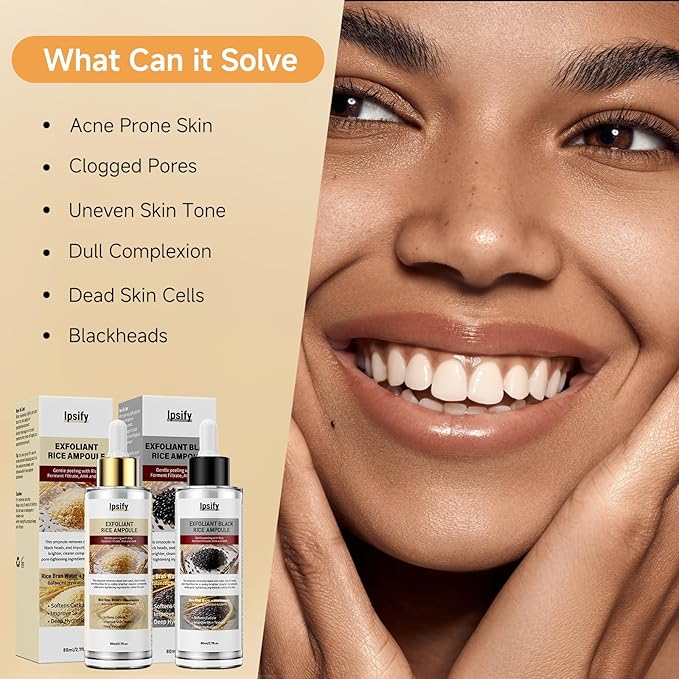 Peel Shot Glow Rice Ampoule Duo, Black and White Rice Exfoliant for Face and Body, Rice Exfoliator for Faces Dead Skin Cells Remover, Face Peel Shot Serum for Softens Cuticle (White+Black, 160ml)