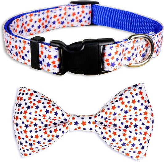4th of July Dog Collar and Bow Tie Set Adjustable Pet Collar for Small Medium Large Dogs Independence Day Dog Accessories for Boys & Girls Red White Blue USA Theme