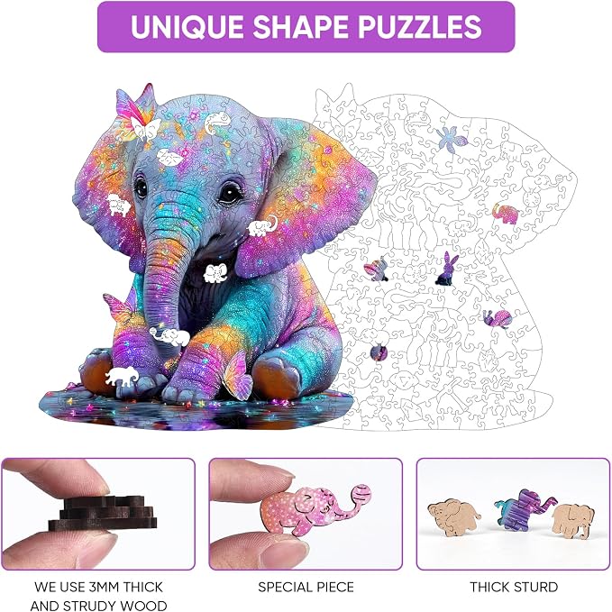 MEATRN Wooden Jigsaw Puzzles, Animal Puzzles for Adults & Kids, 199 Pcs | Colorful Baby Elephant with Butterflies, Educational Brain Teaser Gift and Home Art Decor, 11.1x11.4 in