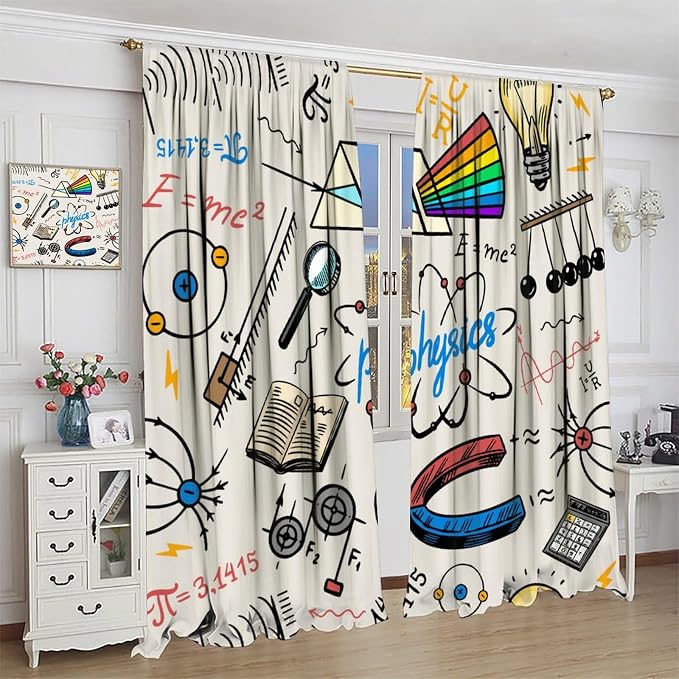 Science Physics Window Curtains, Abstract Math Chemistry Curtain Scientist Graffiti Print Window Treatments for Kids Teens Bedroom Living Room Set 2 Panels,42x45 Inches, Style-8