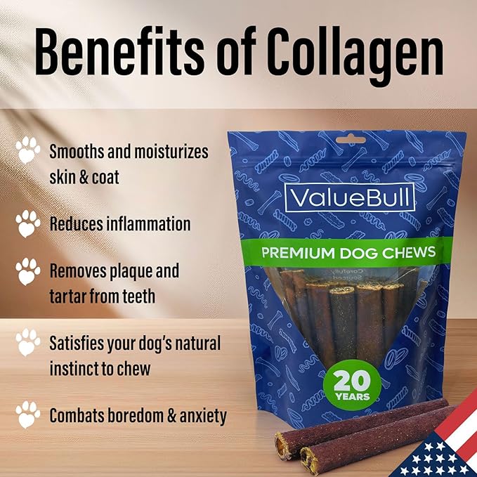 ValueBull USA Collagen Sticks for Dogs, 6 Inch Medium Chews, Natural Long-Lasting Dog Treats, 200 Count Bulk Pack - Promotes Joint, Skin & Coat Health with Glucosamine and Chondroitin