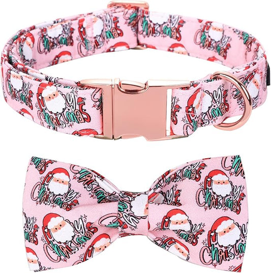 Christmas Dog Collar, Pink Christmas Santa Claus Dog Collar Bow Tie Pet Collars with Bow Adjustable Pet Collars with Premium Metal Buckle Dogs Necklace for Large Girl Dogs