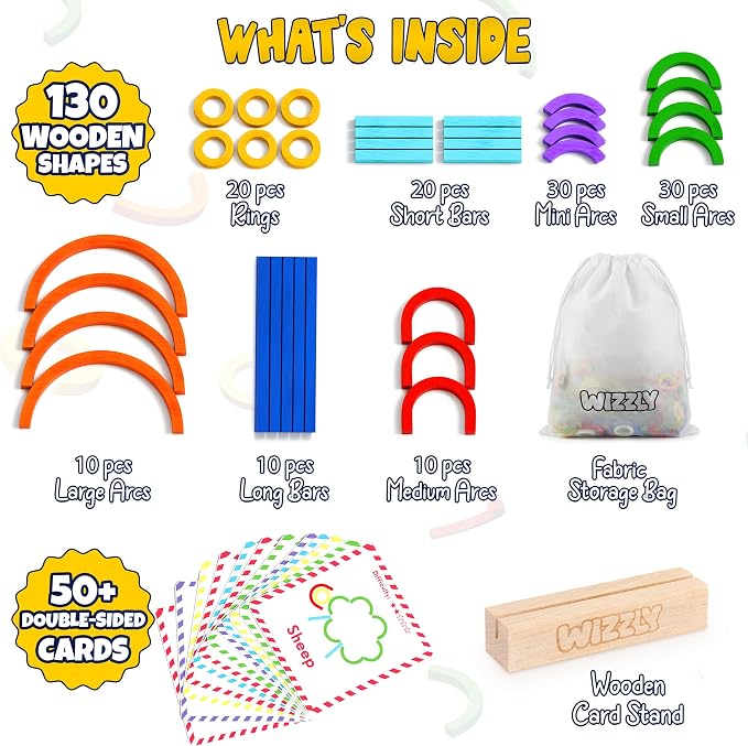 182pcs Wooden Montessori Smart Sticks and Rings Puzzle Game for Kids, Wooden Pattern Blocks Learning Set with 50+ Double-Sided Cards, A-Z Alphabet Cards, Fine Motor STEM Toy for Ages 3+