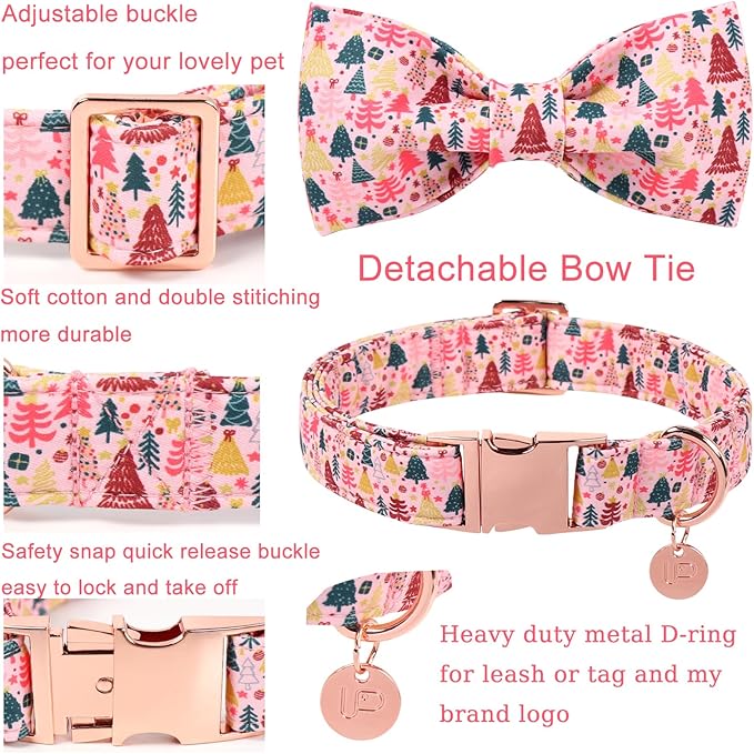 Christmas Dog Collar with Bow Tie, Pink Christmas Tree Collars for Dogs, Adjustable Pet Collar with Cute Xmas Tree Pendant, Winter Dog Accessories for Small Medium Large Dogs M