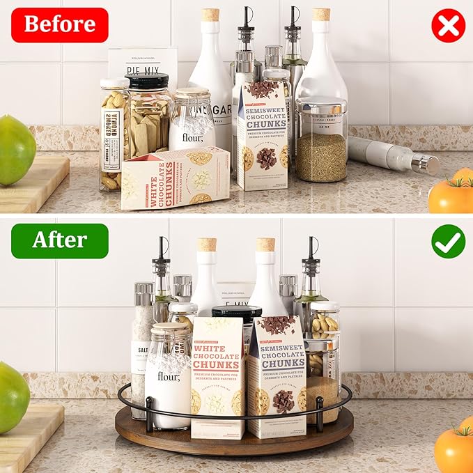 12" Lazy Susan Turntable Organizer,Round Wooden Lazy Susan Organization and Rotating Spice Rack for Dining Table,Pantry,Kitchen Countertop,Vanity,Cupboard and More.Vintage Wood(Round)
