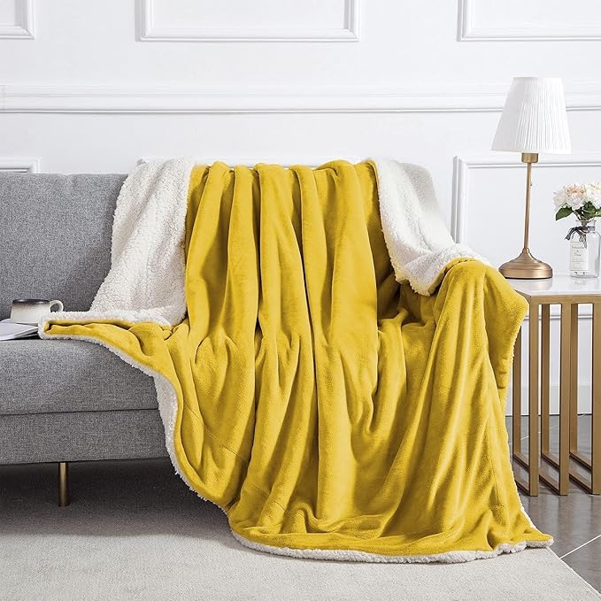 IR Imperial Rooms Sherpa Fleece Queen Size Blanket for Bed - Thick and Warm Blanket for Winter Reversible Soft and Fluffy Blankets Queen Size, Yellow, 90x90 Inches