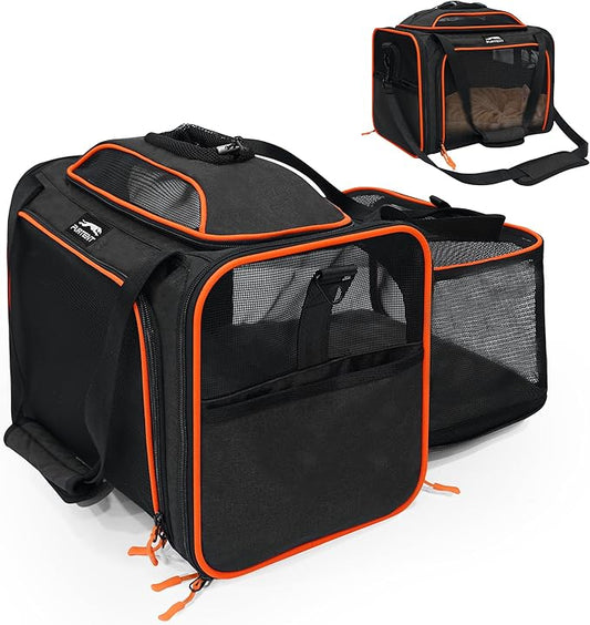 TSA Approved Expandable Cat Carrier with Top and Side, 16x11x11 Soft-Sided Pet Carrier for Small Cats and Dogs, Foldable Travel Carrier with Anti-Scratch Mesh and Safety Belt, Black