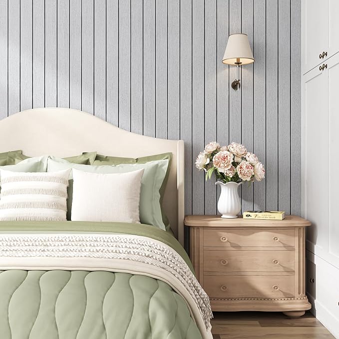 VEELIKE Light Grey Wood Wall Panels Peel and Stick Wood Slat Wall Panel