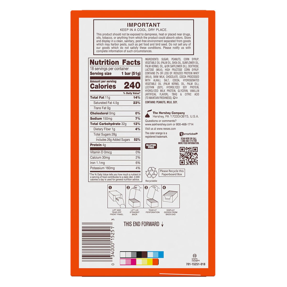 REESE'S Fast Break Peanut Butter Nougat Candy Bars, 1.8 oz, 18-count bulk pack, kosher, gluten free