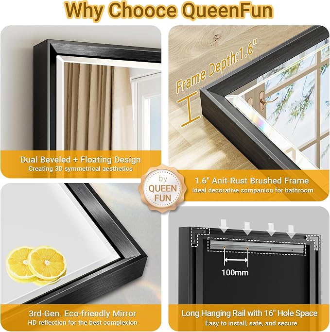 48 x 30 Black Framed Mirror for Bathroom, Beveled Black Bathroom Vanity Mirror