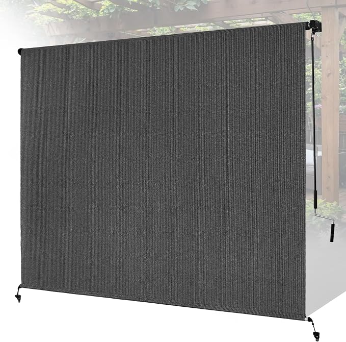 8'W x 6'H Gray Patio Shades Roll up Outdoor Roller Shade Crank Wand Blind