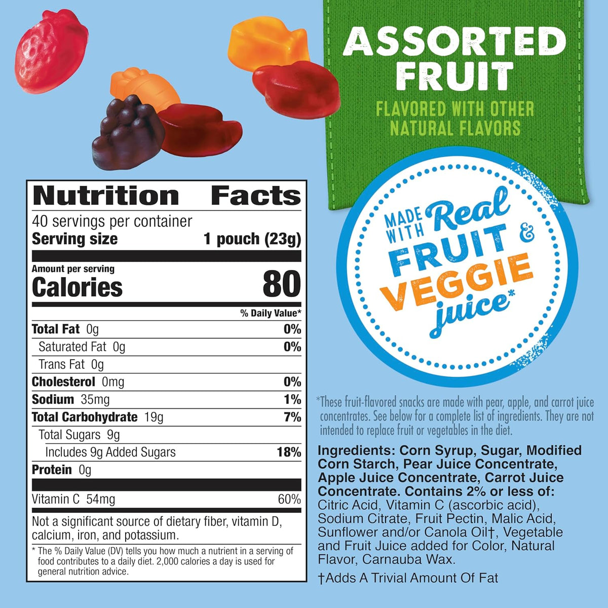 Mott's Assorted Fruit Snacks Family Pack, Gluten Free Gummies, Made with Fruit & Veggie Juice, Good Source of Vitamin C, Gelatin Free, 40 Count Individual Pouches, 32 oz