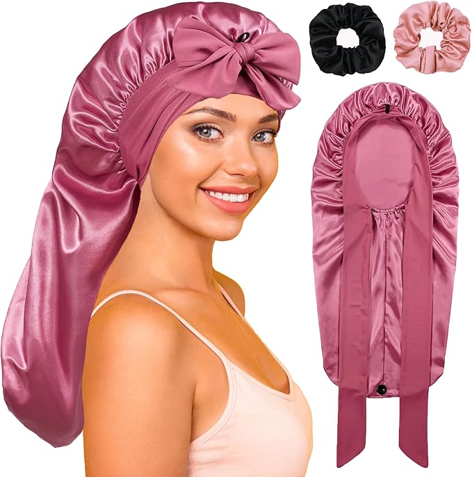 Long Satin Bonnet with Tie Band for Sleeping Women - Silk Sleep Bonnet for Curly Hair and Braids