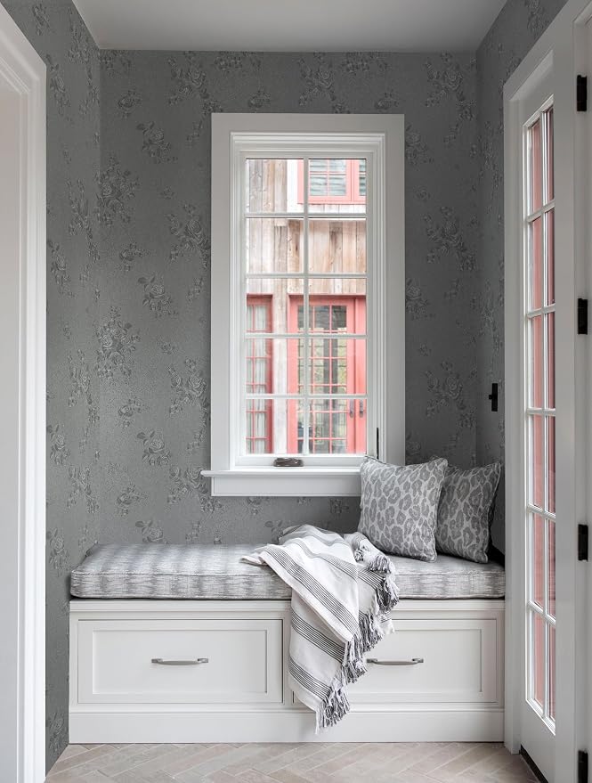Erfoni 197"x17.7" Gray Peel and Stick Wallpaper Thicken Flower Embossed