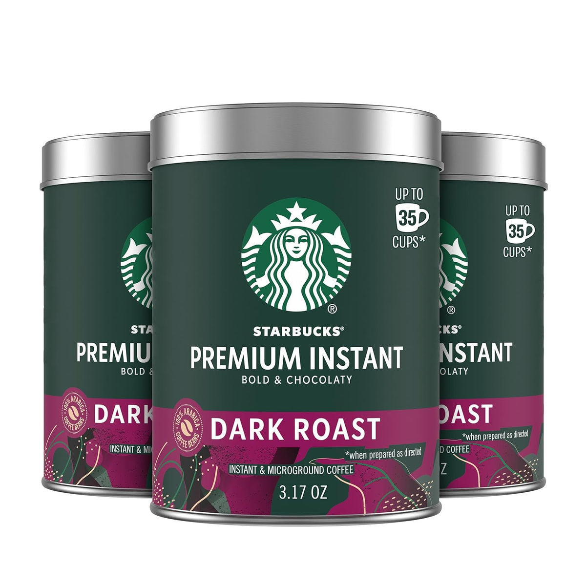 Starbucks Premium Instant Coffee, Dark Roast Coffee, Arabica Beans, Three 3.17 oz Tins