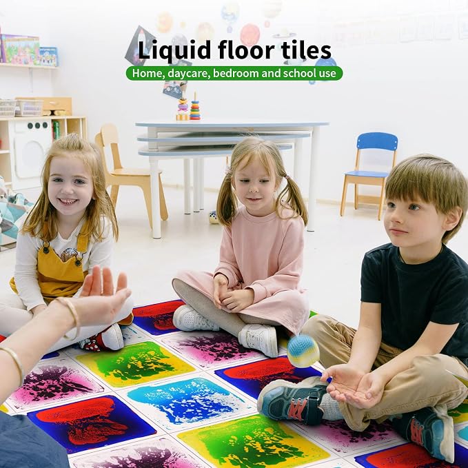 LONGKING 12" X 12" Sensory Tiles for Activity Play Centers for Children, Sensory Floor Tiles, Liquid Floor Tiles, Autism Sensory Poducts, Blue-Red-Black | Sensory floor tiles, soft liquid gel, 12"x12", color movement play mat, playroom classroom daycare