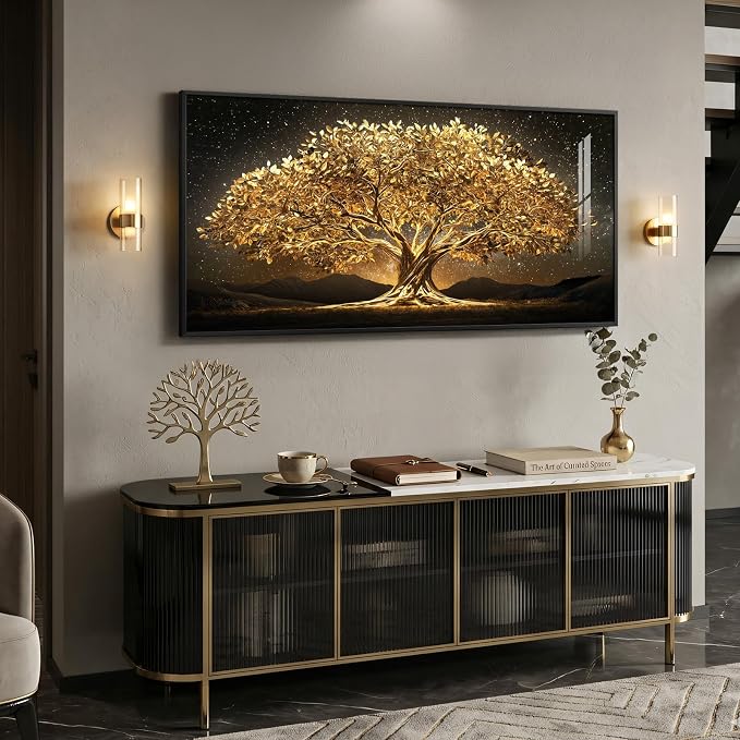 Large Framed Black and Gold Tree of Life Wall Art, Modern Luxury Tree Painting