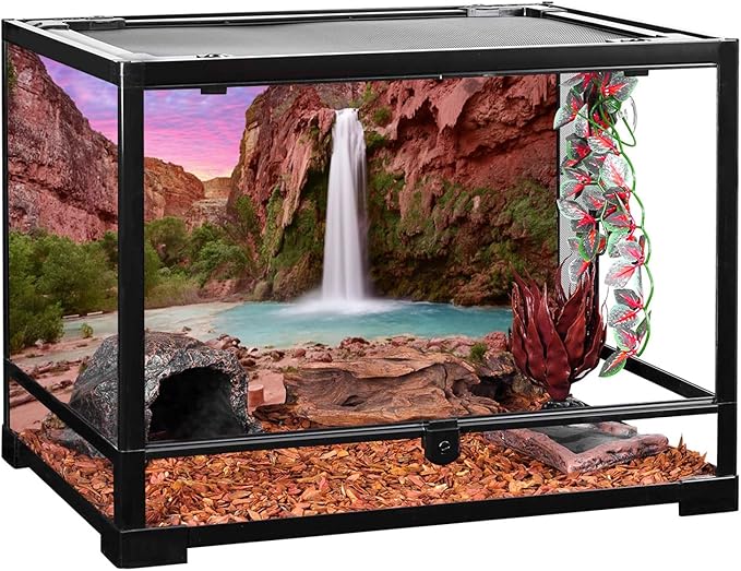 AWERT 24x12 inches Reptile Habitat Background Sunset Mountain Waterfall Terrarium Background Durable Polyester Background