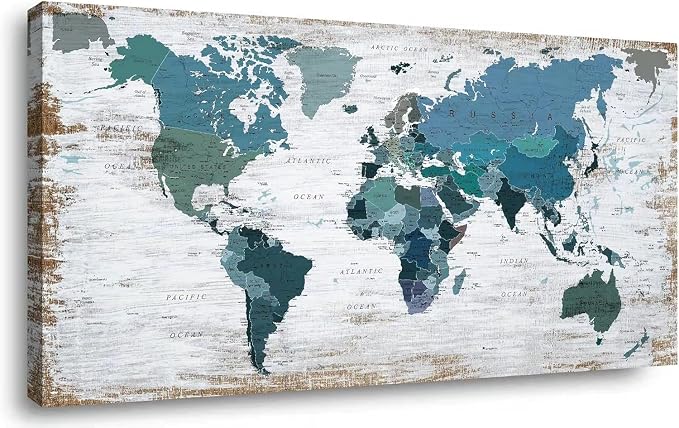 lagre Teal Decor 36inchx71inch World Map Canvas Wall Art Pictures