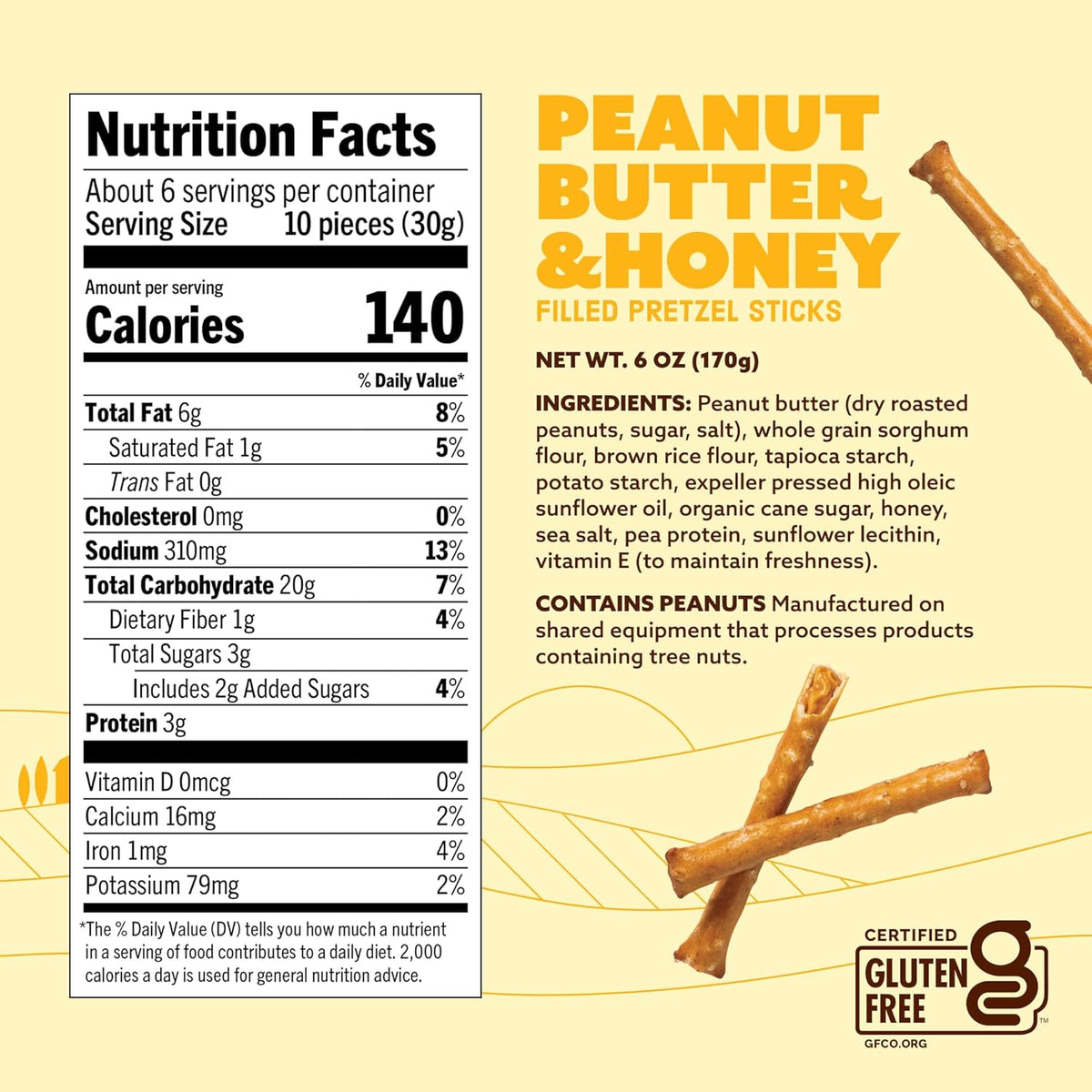 Quinn Snacks Peanut Butter & Honey Filled Pretzel Sticks - Gluten Free Snack, Sweet & Salty, Made with Real Natural Ingredients, Peanuts, Sorghum, & Root Vegetables, Dairy Free - 6 oz (Pack of 1)
