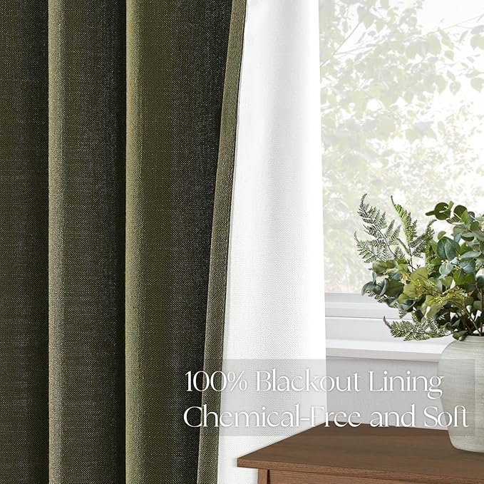 Topfinel 120 Inches Long Extra Long Olive Green Linen Curtains for Living Room,100 Percent Blackout Floor to Ceiling Pinched Pleated Boho Insulating Drapes 2 Panels for Track System,10 FT Bay Window