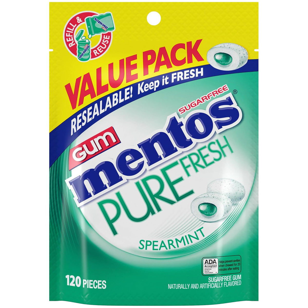 Mentos Pure White Sugar-Free Chewing Gum With Xylitol, Sweet Mint, 120 Piece Bulk Resealable Bag (Pack of 1)