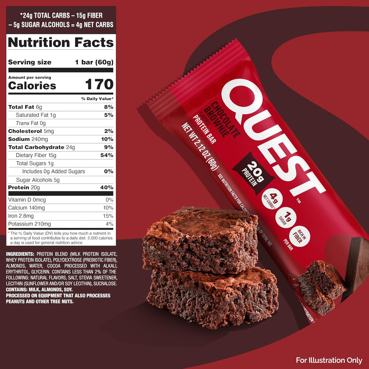Quest Nutrition Chocolate Brownie Protein Bars, 20g Protein, 4g Net Carbs, 1g Sugar, High Fiber, Gluten Free, Keto Friendly, 4 Count