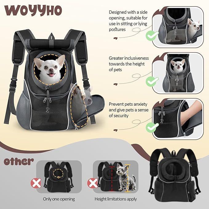 WOYYHO Pet Dog Carrier Backpack with Top and Side Windows, Small Dog Front Backpack Ventilated Dog Back Pack with Safety Belt for Travel Hiking Outdoor Adventures (Size L: 10-14 lbs, Black 2.0)