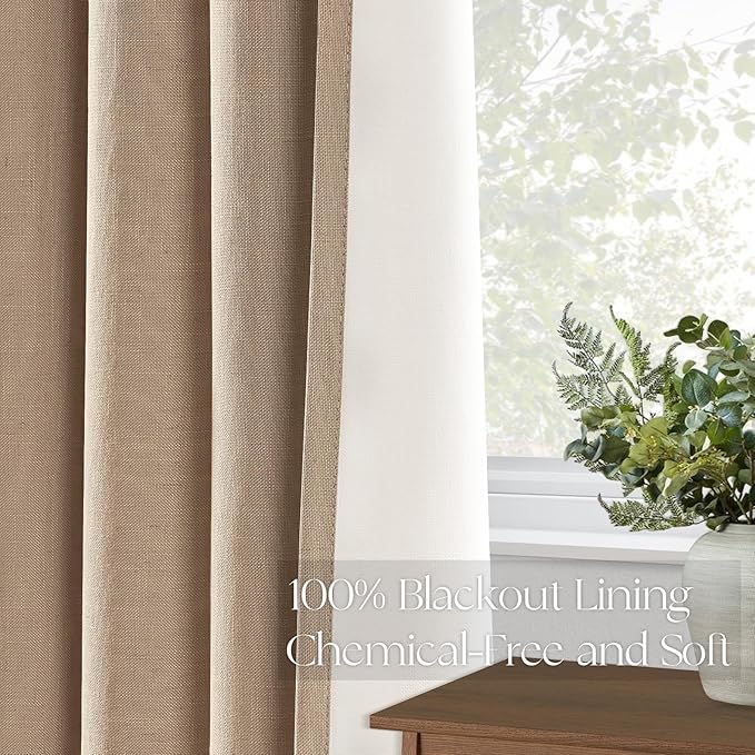 Topfinel Pinch Pleated Curtains 96 Inch Long, 100% Blackout Thermal Insulated Brown Natural Linen Pinch Pleat Viral Drapes with Hooks Rings 2 Panel Sets, Taupe Tan 8FT Back Tab Window Curtains