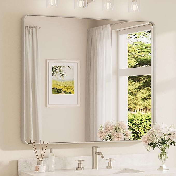 TETOTE Brushed Nickel Bathroom Mirror 42 x 36 Inch