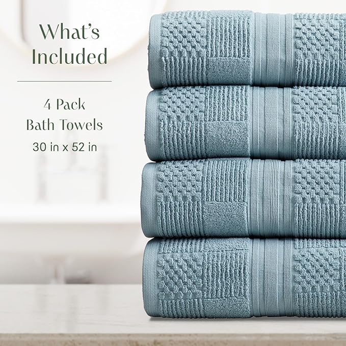Springtree Home 100% Cotton Bath Towel Set of 4 | Blue Towels | Geometric Textured Design | Absorbent & Quick-Dry | 4 Bath Towels | Oeko-TEX® Standard 100 Cotton | Myla Collection - Arona Blue