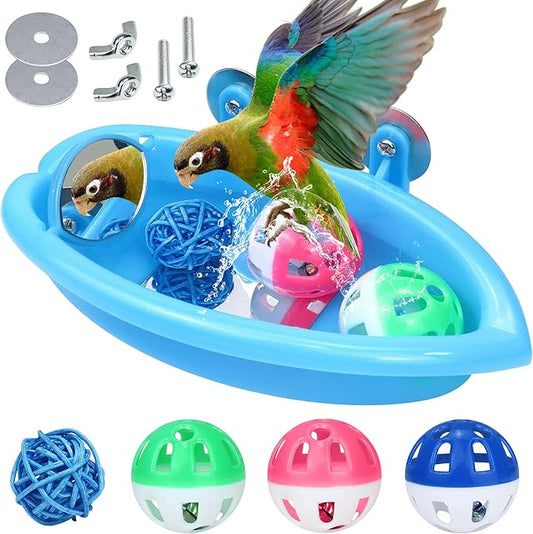Bird Bath for Cage, Bird Bath Toy with Small Double-Sided Mirror, Birdbath Cage Accessory with Small Bells for Small Birds Parrots Cockatiel Budgies