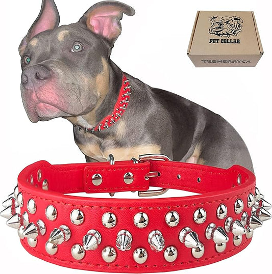 TEEMERRYCA Adjustable Microfiber Leather Spiked Studded Dog Collars with a Squeak Ball Gift for Small Medium Large Pets Like Cats/Pit Bull/Bulldog/Pugs/Husky, Red, XS 8.3-10.6 inches
