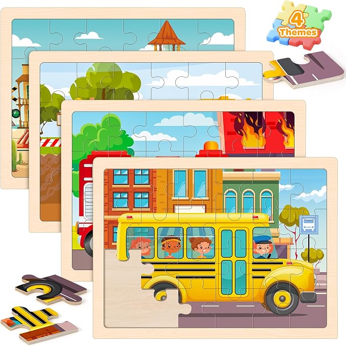 Puzzles for Kids Ages 4-6, 4 Packs 24 Pcs Wooden Jigsaw Puzzles for Toddlers Ages 2-4, Preschool Educational Vehicle Puzzle Toys Gifts for 3 4 5 6 Boys Girls