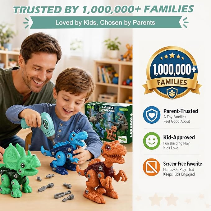 Take-Apart Dinosaur Toys for Boy 4-6: 85 Piece 3 Pack Dino & Electric Drill | Easy-to-Use Construction Building Set for Little Hands - STEM Educational Toy & Gifts for Kids Birthday Christmas