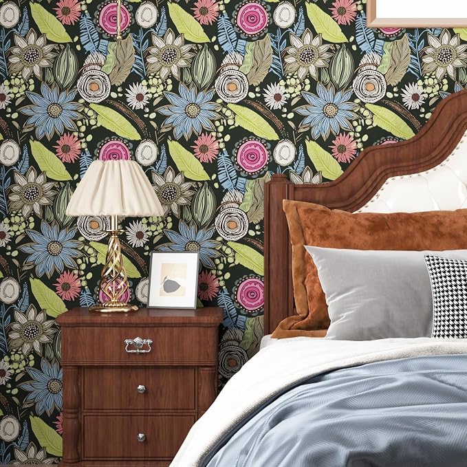 Boho Wallpaper Peel and Stick, Dark Green Vintage Floral Contact Paper