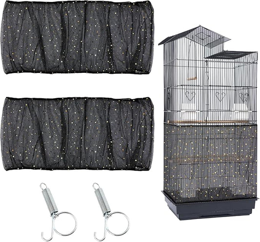 JULMELON 2Pcs Adjustable Bird Cage Seed Catcher(Black) Birdcage Nylon Mesh Cover Twinkle Star Universal Birdcage Cover for Parakeet Round Square Cage with Spring Hook