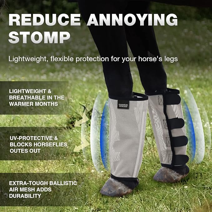 Harrison Howard Loose Fitting Fly Boots UV-Protective Extra Tough Mesh Ventilated Four Fasteners Stay-on Design Protect Horse Legs & Stomp-Reducing Set of 4 Silver Grey Pony
