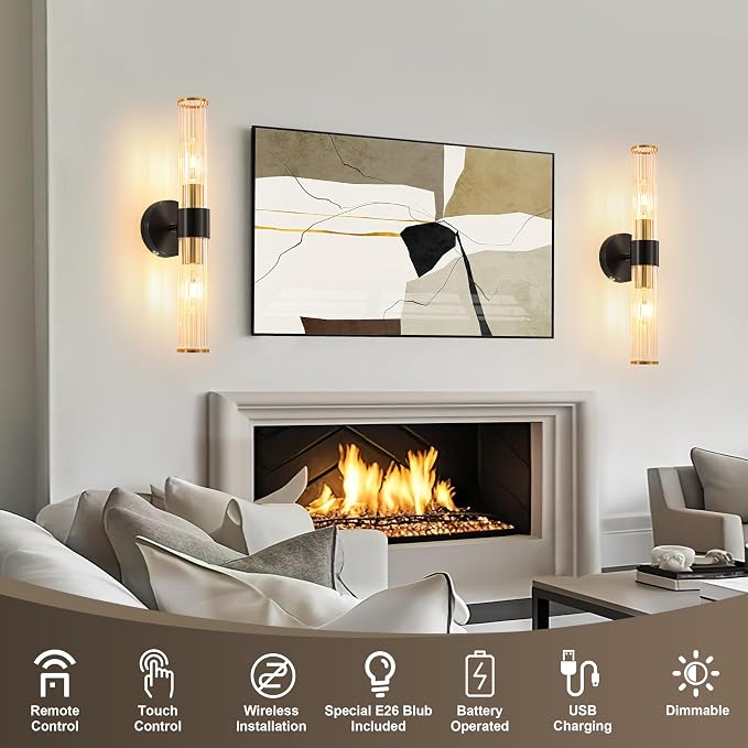 Black Gold Battery Operated Wall Sconces Set of 2, Rechargeable Wall Lights