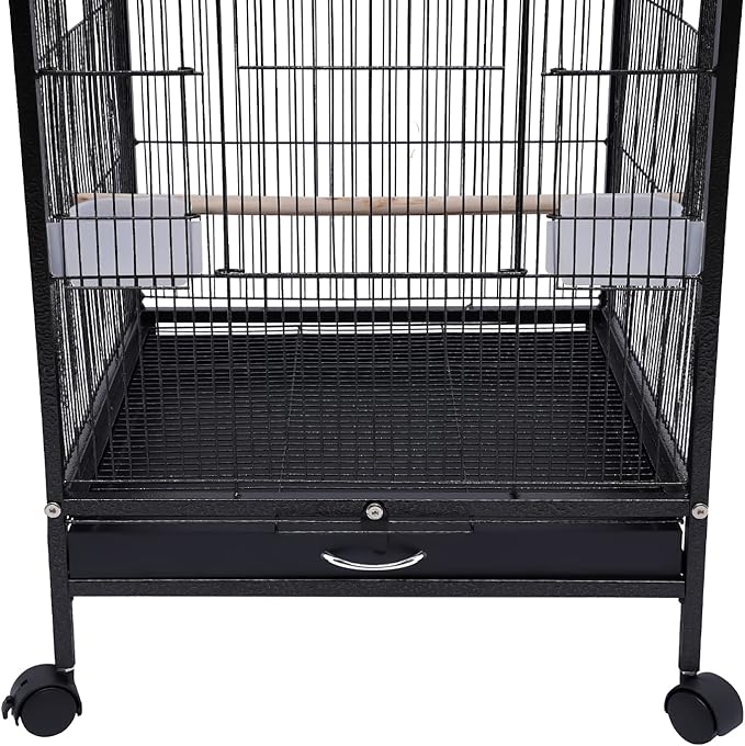 Iron Parakeet Bird Cage with Stand, Pet Bird Container with Skylight, Large Cage for Medium&Small Bird with Wheels and Doors for Cockatiel Sun Conure Senegal Jardine Quaker Budgie (Black)