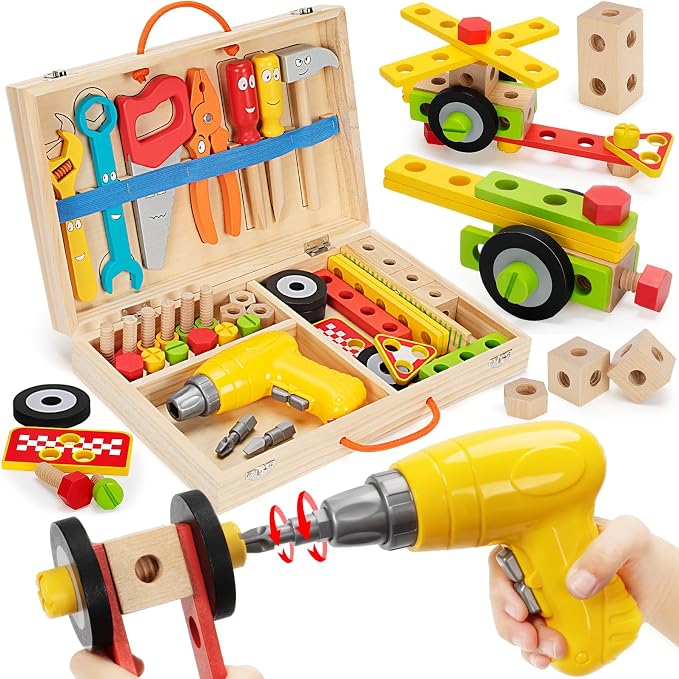 Kids Tool Set with Electric Drill, 46 Pcs Wooden Toddler Play Tools Set with Tool Box, Montessori STEM Educational Construction Building Toy for 3 4 5 6 Year Old Boys Girls Birthday Gifts