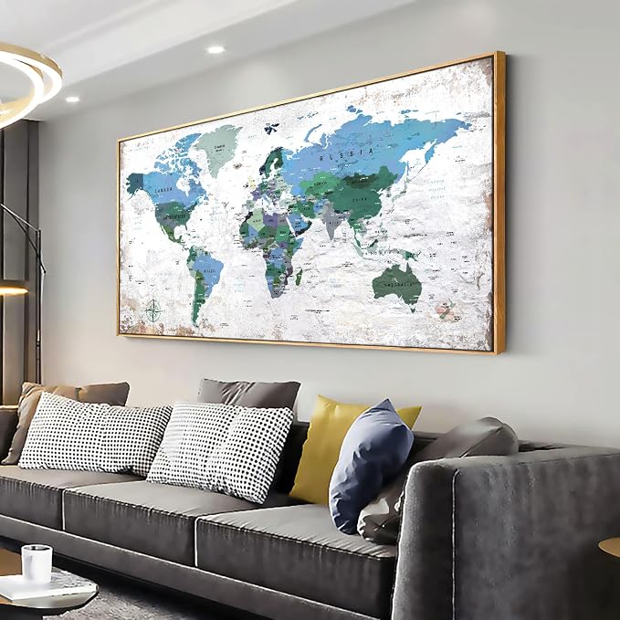 Framed Wall Art World Map Wall Art Canvas Picture 20inchx40inch Large Blue Map