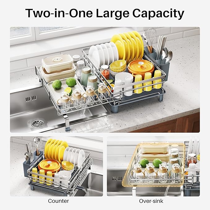 SNTD Dish Drying Rack - Extendable Dish Rack, Large Sink Drying Dish Drainer for Kitchen Counter, Stainless Steel Dish Strainer with Utensil Holder (Silver)